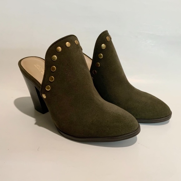 Michael Kors Louise Suede Mules Olive Studded Stacked Block Heel Slip On Clog - Picture 14 of 15